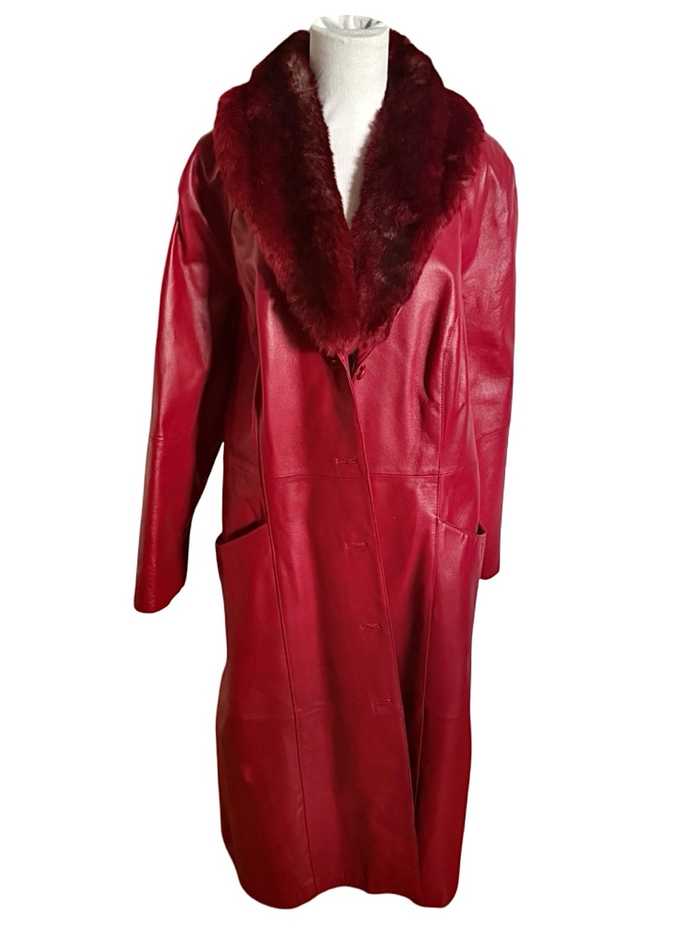 Vintage Red Real Leather Trench Coat Terry Lewis Fit Women Large Faux Fur Collar